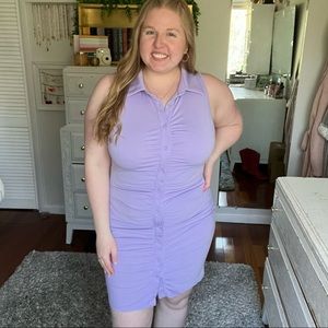 Lilac Collared Ruched Mini Button Up Dress